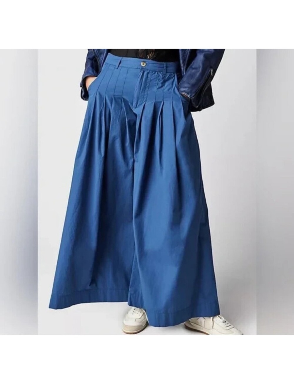 Free People Cassia Pleated Wide Leg Cotton Blue Trousers Size 8